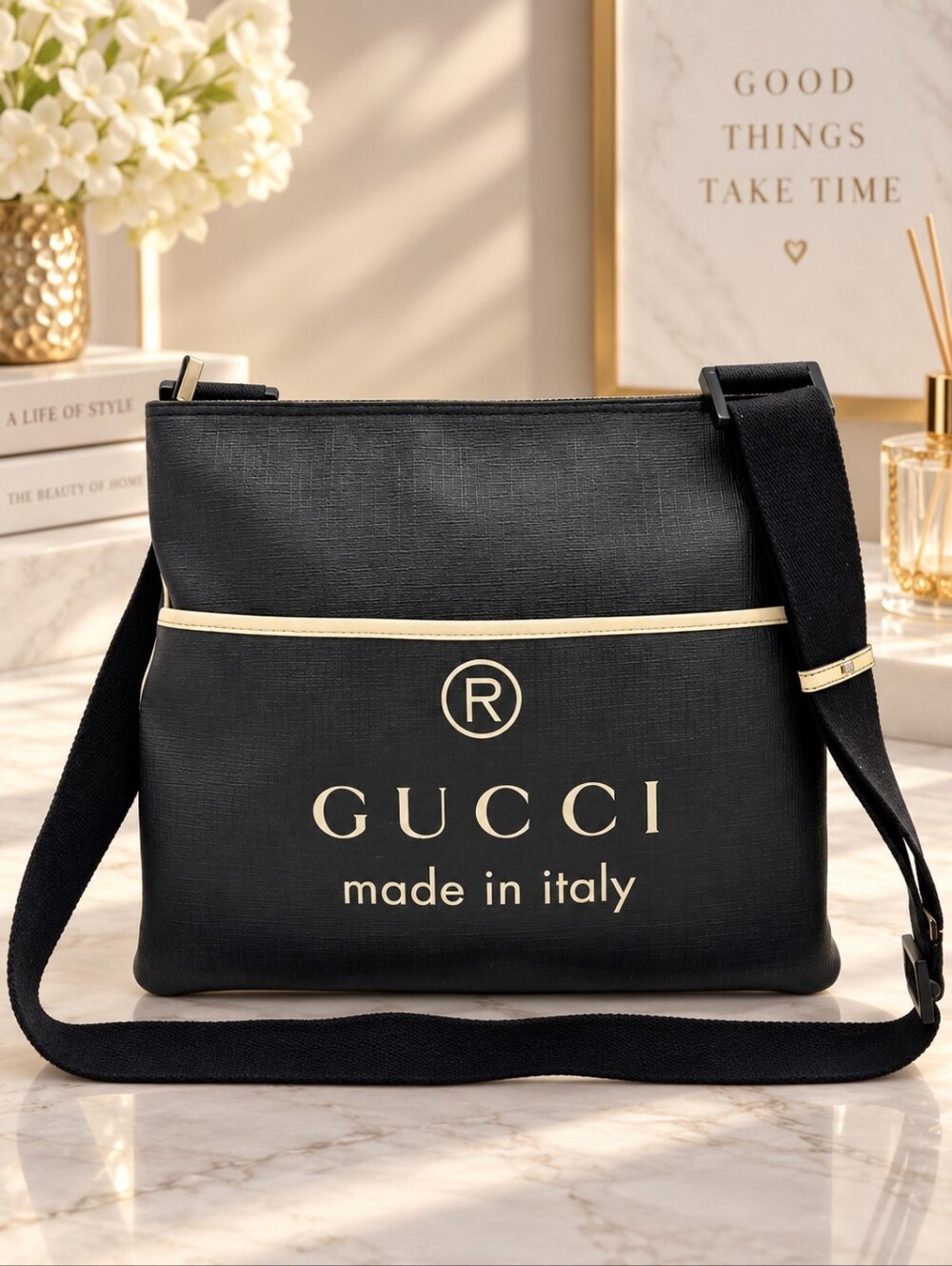 Authentic Gucci Logo Messenger Crossbody Bag Black Canvas Leather Trim Designer